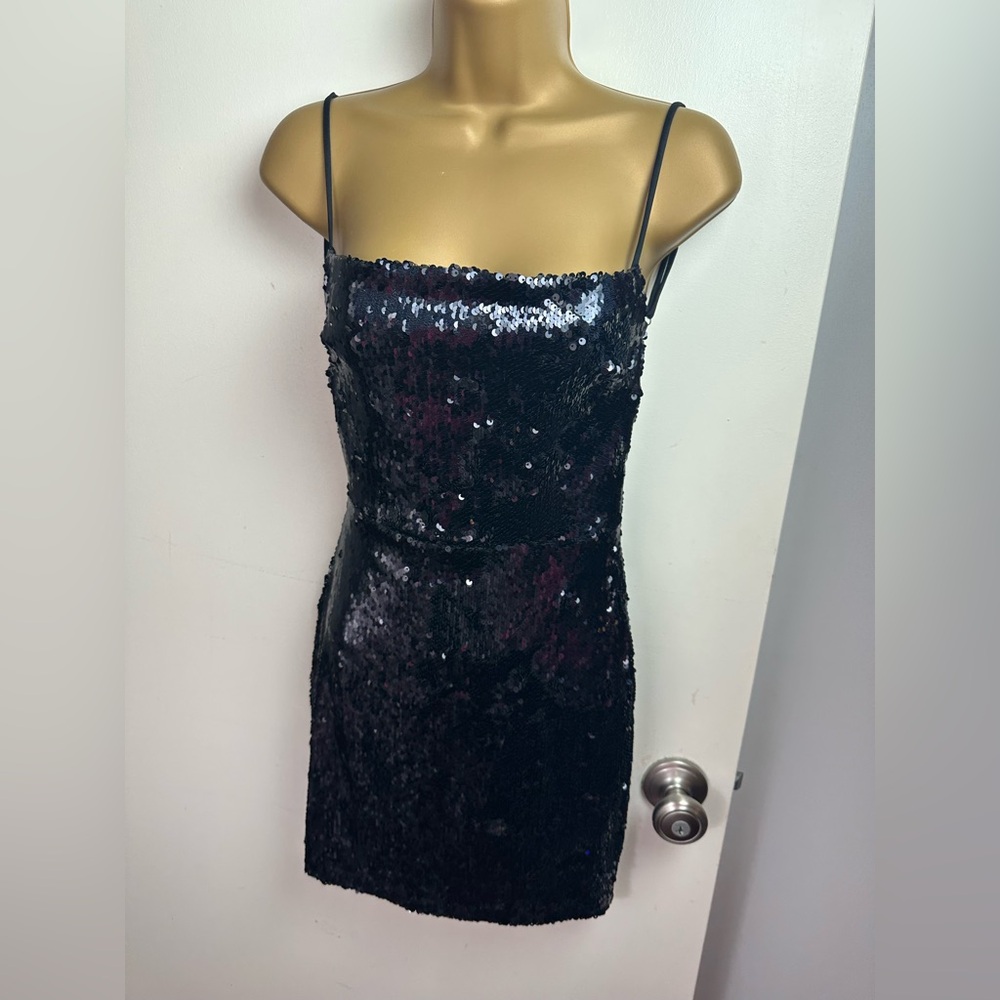 Lucy In The Sky Black-Silver Strappy Disco Sexy Open Back Sequin Mini Dress M - Picture 7 of 16